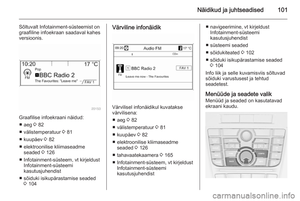 OPEL CASCADA 2014.5  Omaniku käsiraamat (in Estonian) Näidikud ja juhtseadised101
Sõltuvalt Infotainment-süsteemist on
graafiline infoekraan saadaval kahes
versioonis.
Graafilise infoekraani näidud:
■ aeg  3 82
■ välistemperatuur  3 81
■ kuup