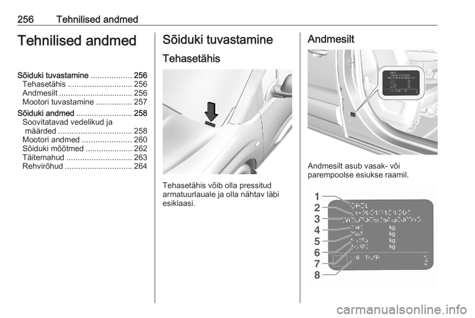 OPEL COMBO E 2020  Omaniku käsiraamat (in Estonian) 256Tehnilised andmedTehnilised andmedSõiduki tuvastamine..................256
Tehasetähis ............................. 256
Andmesilt ................................. 256
Mootori tuvastamine ......