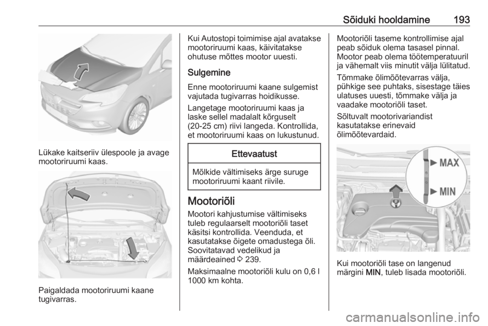 OPEL CORSA E 2018  Omaniku käsiraamat (in Estonian) Sõiduki hooldamine193
Lükake kaitseriiv ülespoole ja avage
mootoriruumi kaas.
Paigaldada mootoriruumi kaane
tugivarras.
Kui Autostopi toimimise ajal avatakse mootoriruumi kaas, käivitatakse
ohutus