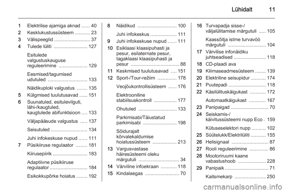 OPEL INSIGNIA 2015.5 Omaniku käsiraamat (in Estonian) Lühidalt11
1Elektrilise ajamiga aknad ......40
2 Kesklukustussüsteem ...........23
3 Välispeeglid ........................... 37
4 Tulede lüliti ......................... 127
Esitulede
valgustusk OPEL INSIGNIA 2015.5 Omaniku käsiraamat (in Estonian) Lühidalt11
1Elektrilise ajamiga aknad ......40
2 Kesklukustussüsteem ...........23
3 Välispeeglid ........................... 37
4 Tulede lüliti ......................... 127
Esitulede
valgustusk