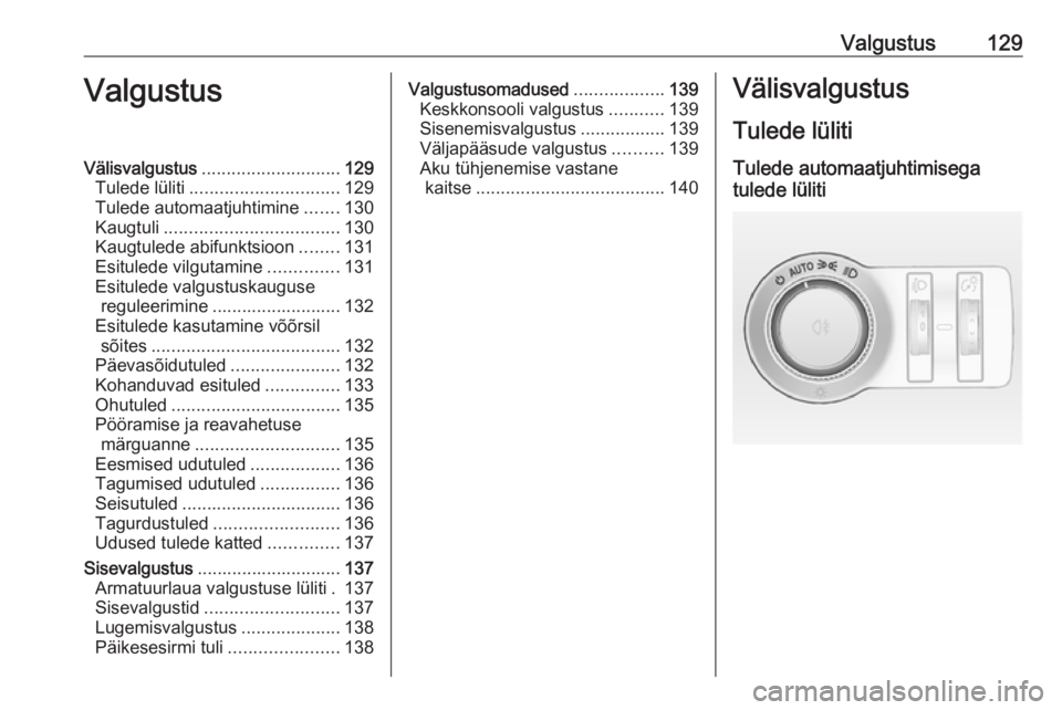 OPEL INSIGNIA 2016  Omaniku käsiraamat (in Estonian) Valgustus129ValgustusVälisvalgustus............................ 129
Tulede lüliti .............................. 129
Tulede automaatjuhtimine .......130
Kaugtuli ................................... 