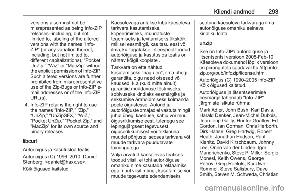 OPEL INSIGNIA BREAK 2017.5 Omaniku käsiraamat (in Estonian) Kliendi andmed293versions also must not be
misrepresented as being Info-ZIP
releases--including, but not
limited to, labeling of the altered
versions with the names “Info-
ZIP” (or any variation t OPEL INSIGNIA BREAK 2017.5 Omaniku käsiraamat (in Estonian) Kliendi andmed293versions also must not be
misrepresented as being Info-ZIP
releases--including, but not
limited to, labeling of the altered
versions with the names “Info-
ZIP” (or any variation t