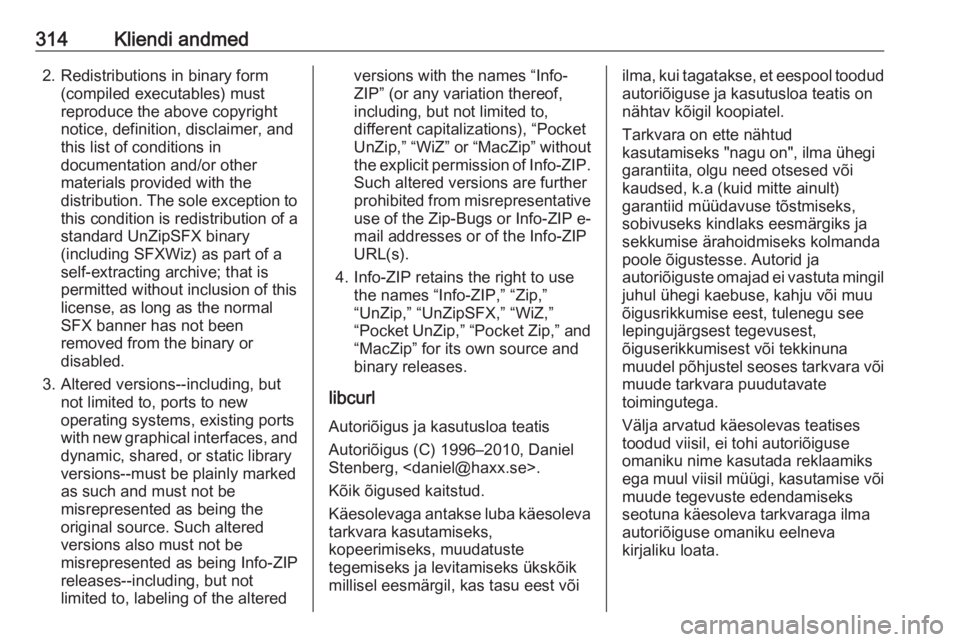 OPEL INSIGNIA BREAK 2018 Omaniku käsiraamat (in Estonian) 314Kliendi andmed2. Redistributions in binary form(compiled executables) must
reproduce the above copyright
notice, definition, disclaimer, and
this list of conditions in
documentation and/or other
ma OPEL INSIGNIA BREAK 2018 Omaniku käsiraamat (in Estonian) 314Kliendi andmed2. Redistributions in binary form(compiled executables) must
reproduce the above copyright
notice, definition, disclaimer, and
this list of conditions in
documentation and/or other
ma