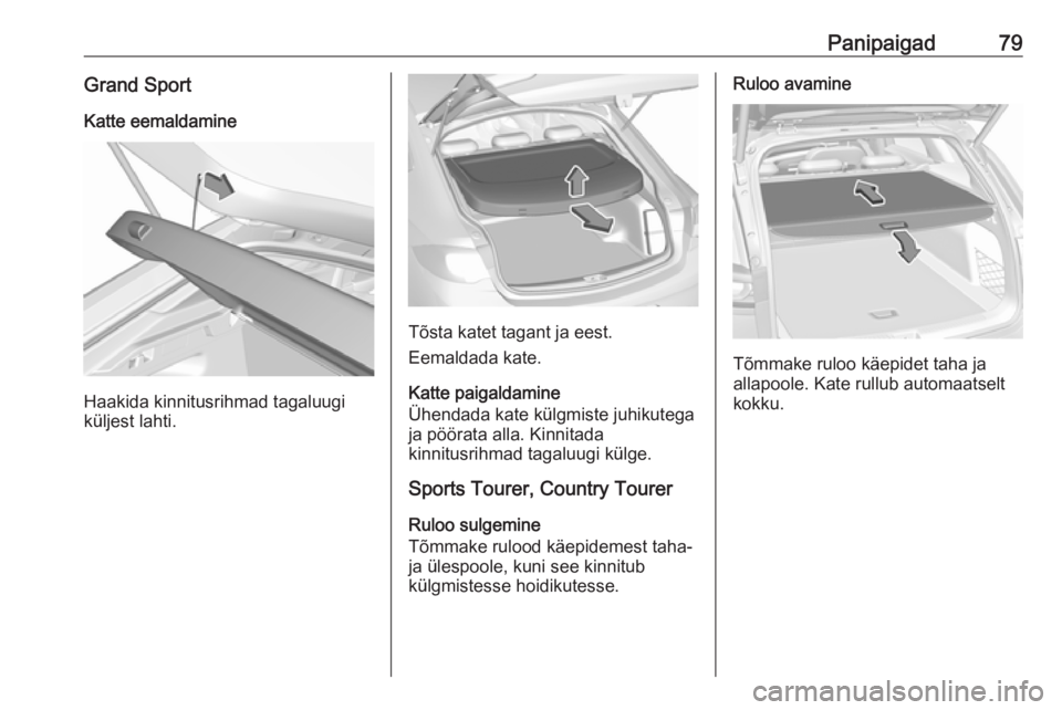OPEL INSIGNIA BREAK 2019  Omaniku käsiraamat (in Estonian) Panipaigad79Grand SportKatte eemaldamine
Haakida kinnitusrihmad tagaluugi
küljest lahti.
Tõsta katet tagant ja eest.
Eemaldada kate.
Katte paigaldamine
Ühendada kate külgmiste juhikutega
ja pöör