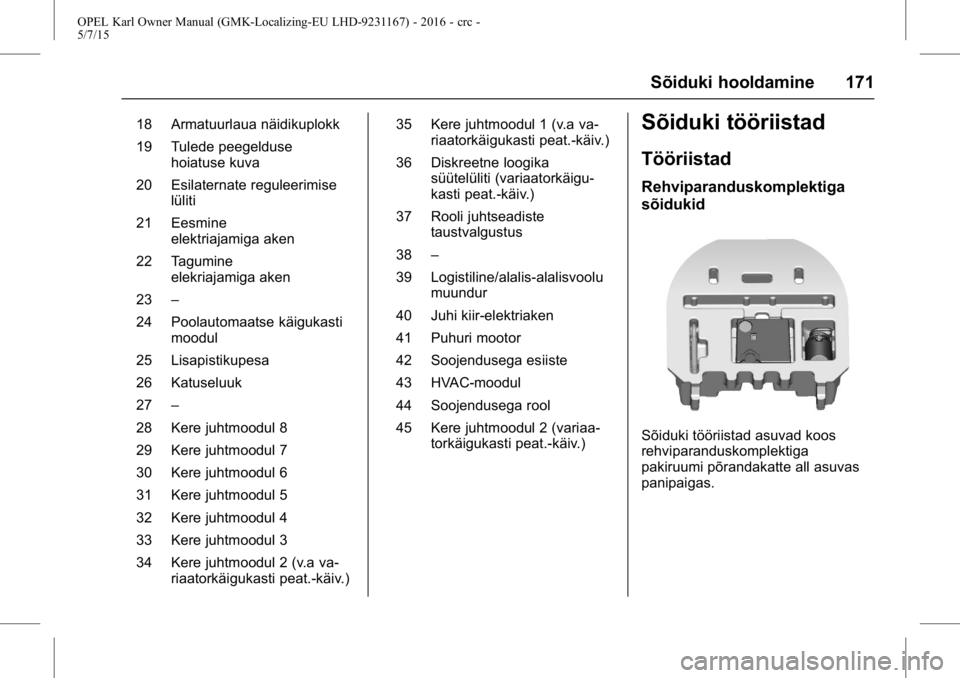 OPEL KARL 2015.75  Omaniku käsiraamat (in Estonian) OPEL Karl Owner Manual (GMK-Localizing-EU LHD-9231167) - 2016 - crc -
5/7/15
Sõiduki hooldamine 171
18 Armatuurlaua näidikuplokk
19 Tulede peegeldusehoiatuse kuva
20 Esilaternate reguleerimise lüli
