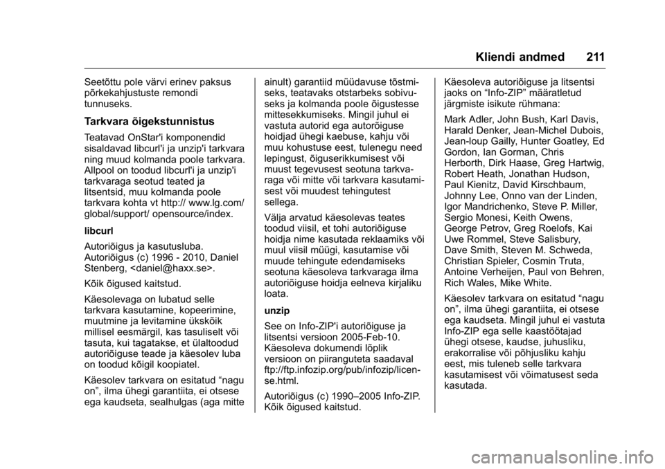 OPEL KARL 2016  Omaniku käsiraamat (in Estonian) OPEL Karl Owner Manual (GMK-Localizing-EU LHD-9231167) - 2016 - crc -
9/10/15
Kliendi andmed 211
Seetõttu pole värvi erinev paksus
põrkekahjustuste remondi
tunnuseks.
Tarkvara õigekstunnistus
Teat