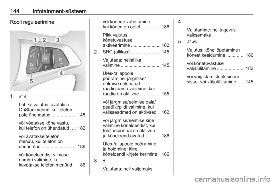 OPEL ZAFIRA C 2018  Omaniku käsiraamat (in Estonian) 144Infotainment-süsteemRooli reguleerimine
1qw
Lühike vajutus: avatakse
OnStari menüü, kui telefon
pole ühendatud ...................145
või võetakse kõne vastu,
kui telefon on ühendatud ....