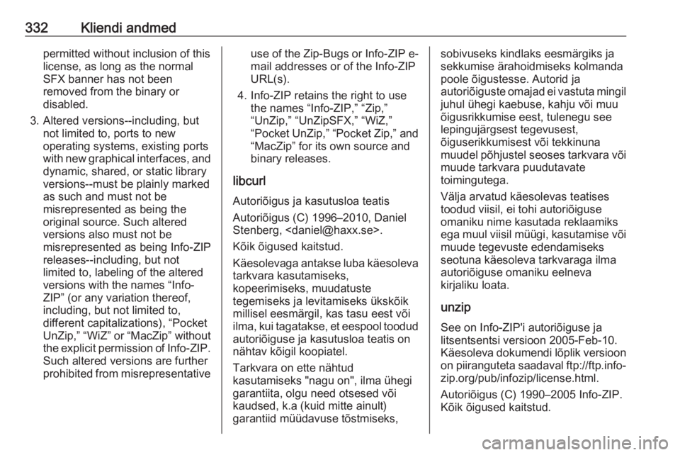 OPEL ZAFIRA C 2018  Omaniku käsiraamat (in Estonian) 332Kliendi andmedpermitted without inclusion of this
license, as long as the normal
SFX banner has not been
removed from the binary or
disabled.
3. Altered versions--including, but not limited to, por