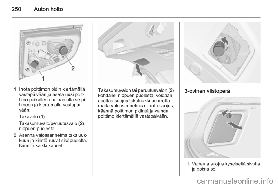 OPEL ASTRA J 2015.75  Ohjekirja (in Finnish) 250Auton hoito
4. Irrota polttimon pidin kiertämällävastapäivään ja aseta uusi polt‐
timo paikalleen painamalla se pi‐
timeen ja kiertämällä vastapäi‐
vään:
Takavalo ( 1)
Takasumuval