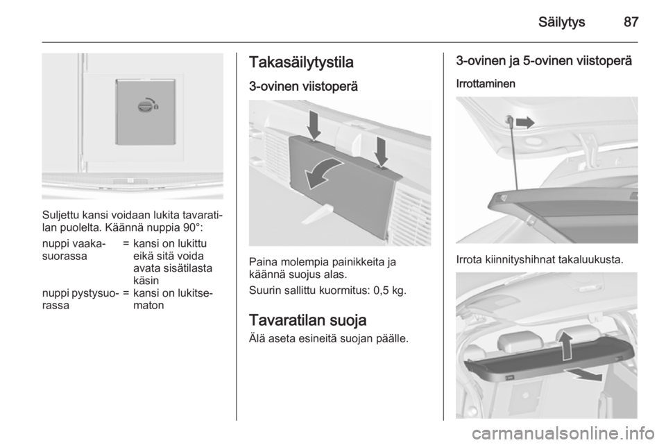 OPEL ASTRA J 2015.75  Ohjekirja (in Finnish) Säilytys87
Suljettu kansi voidaan lukita tavarati‐
lan puolelta. Käännä nuppia 90°:
nuppi vaaka‐
suorassa=kansi on lukittu
eikä sitä voida
avata sisätilasta
käsinnuppi pystysuo‐ rassa=k