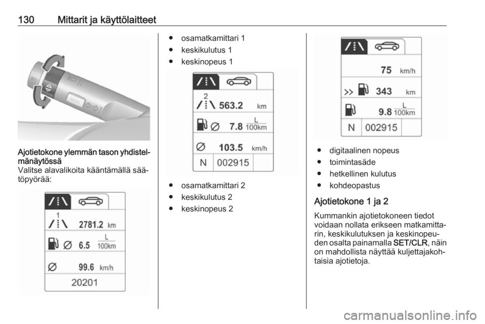 OPEL ASTRA J 2016  Ohjekirja (in Finnish) 130Mittarit ja käyttölaitteetAjotietokone ylemmän tason yhdistel‐
mänäytössä
Valitse alavalikoita kääntämällä sää‐
töpyörää:● osamatkamittari 1
● keskikulutus 1 ● keskinope