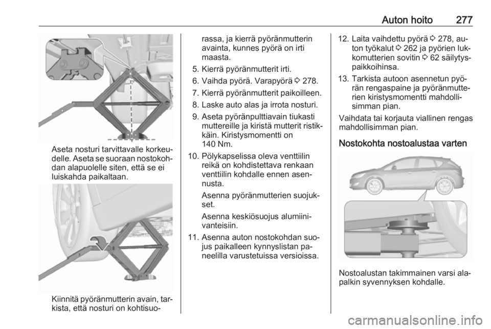 OPEL ASTRA J 2016.5  Ohjekirja (in Finnish) Auton hoito277
Aseta nosturi tarvittavalle korkeu‐
delle. Aseta se suoraan nostokoh‐
dan alapuolelle siten, että se ei
luiskahda paikaltaan.
Kiinnitä pyöränmutterin avain, tar‐
kista, että 