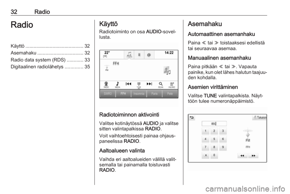 OPEL ASTRA K 2017.5  Infotainment-ohjekirja (in Finnish) 32RadioRadioKäyttö ........................................... 32
Asemahaku .................................. 32
Radio data system (RDS) ............33
Digitaalinen radiolähetys .............35Kä