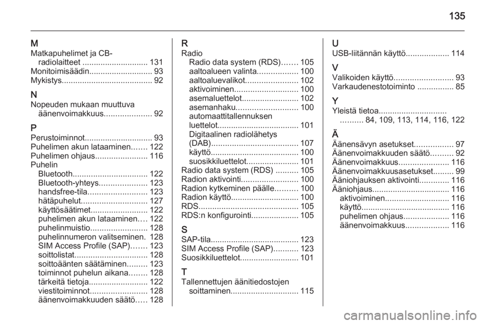 OPEL CASCADA 2015 Infotainment-ohjekirja (in Finnish) 135
M
Matkapuhelimet ja CB- radiolaitteet ............................. 131
Monitoimisäädin............................ 93
Mykistys ........................................ 92
N
Nopeuden mukaan muut OPEL CASCADA 2015 Infotainment-ohjekirja (in Finnish) 135
M
Matkapuhelimet ja CB- radiolaitteet ............................. 131
Monitoimisäädin............................ 93
Mykistys ........................................ 92
N
Nopeuden mukaan muut