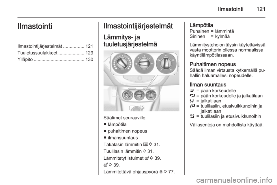 OPEL CORSA 2015.75  Ohjekirja (in Finnish) Ilmastointi121IlmastointiIlmastointijärjestelmät................121
Tuuletussuulakkeet ....................129
Ylläpito ....................................... 130Ilmastointijärjestelmät
Lämmity