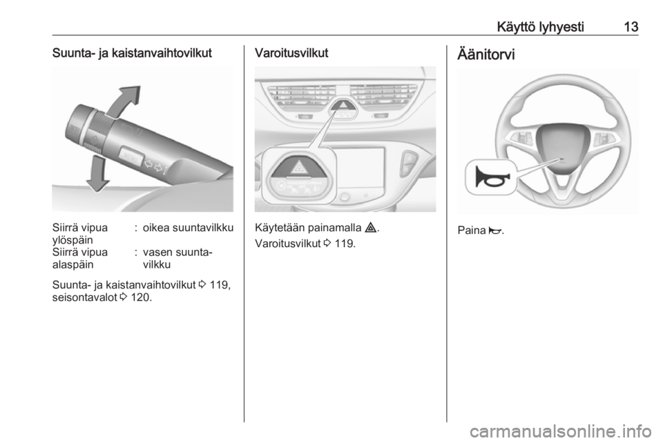 OPEL CORSA 2016  Ohjekirja (in Finnish) Käyttö lyhyesti13Suunta- ja kaistanvaihtovilkutSiirrä vipua
ylöspäin:oikea suuntavilkkuSiirrä vipua
alaspäin:vasen suunta‐
vilkku
Suunta- ja kaistanvaihtovilkut  3 119,
seisontavalot  3 120.
