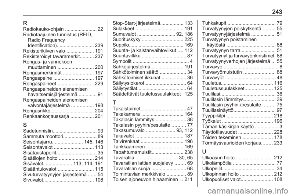 OPEL CROSSLAND X 2017.75  Ohjekirja (in Finnish) 243RRadiokauko-ohjain  .......................22
Radiotaajuinen tunnistus (RFID, Radio Frequency
Identification) ........................... 239
Rekisterikilven valo  ....................191
Rekister