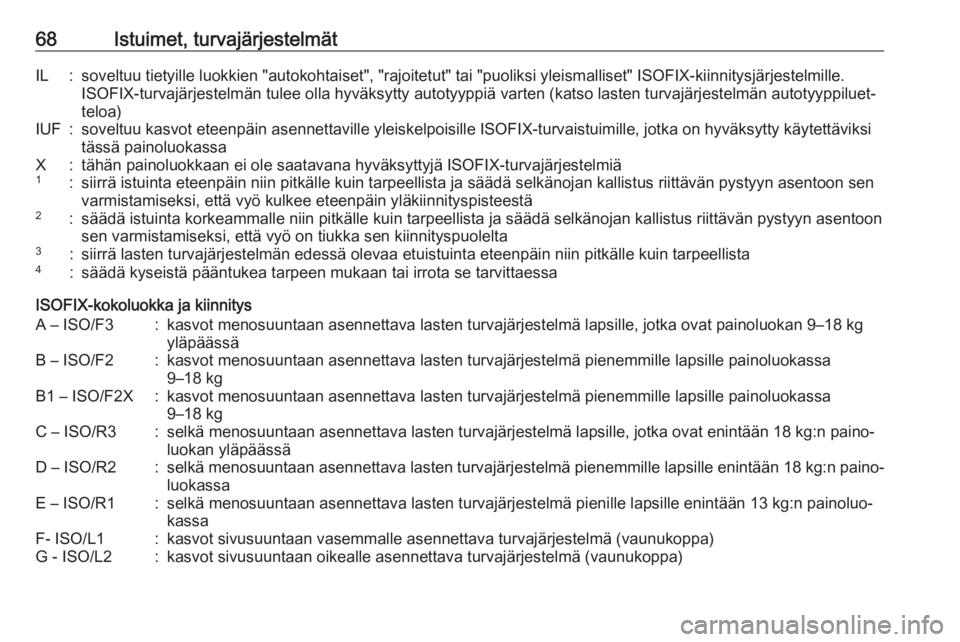 OPEL INSIGNIA BREAK 2019.5 Ohjekirja (in Finnish) 68Istuimet, turvajärjestelmätIL:soveltuu tietyille luokkien "autokohtaiset", "rajoitetut" tai "puoliksi yleismalliset" ISOFIX-kiinnitysjärjestelmille.
ISOFIX-turvajärjestel OPEL INSIGNIA BREAK 2019.5 Ohjekirja (in Finnish) 68Istuimet, turvajärjestelmätIL:soveltuu tietyille luokkien "autokohtaiset", "rajoitetut" tai "puoliksi yleismalliset" ISOFIX-kiinnitysjärjestelmille.
ISOFIX-turvajärjestel