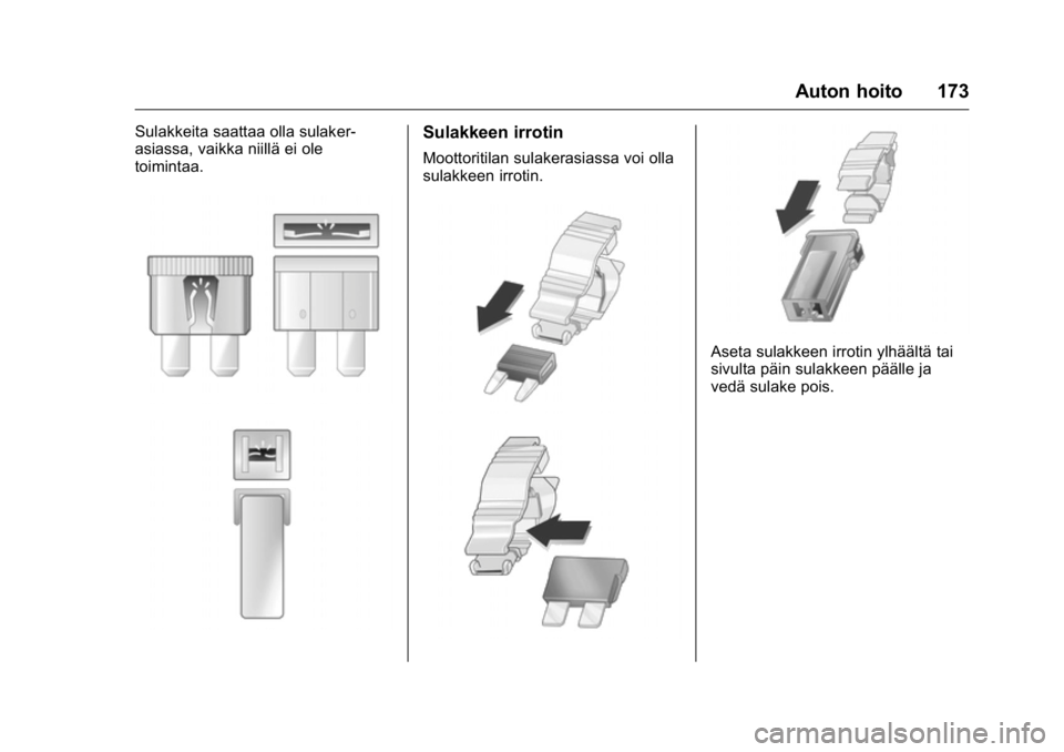 OPEL KARL 2016  Ohjekirja (in Finnish) OPEL Karl Owner Manual (GMK-Localizing-EU LHD-9231167) - 2016 - crc -
9/9/15
Auton hoito 173
Sulakkeita saattaa olla sulaker-
asiassa, vaikka niillä ei ole
toimintaa.Sulakkeen irrotin
Moottoritilan s