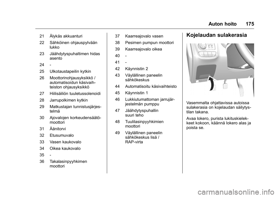 OPEL KARL 2016 Ohjekirja (in Finnish) OPEL Karl Owner Manual (GMK-Localizing-EU LHD-9231167) - 2016 - crc -
9/9/15
Auton hoito 175
21 Älykäs akkuanturi
22 Sähköinen ohjauspylväänlukko
23 Jäähdytyspuhaltimen hidas asento
24 -
25 Ul OPEL KARL 2016 Ohjekirja (in Finnish) OPEL Karl Owner Manual (GMK-Localizing-EU LHD-9231167) - 2016 - crc -
9/9/15
Auton hoito 175
21 Älykäs akkuanturi
22 Sähköinen ohjauspylväänlukko
23 Jäähdytyspuhaltimen hidas asento
24 -
25 Ul