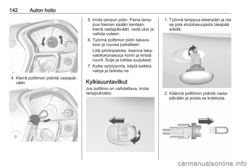 OPEL KARL 2016.5  Ohjekirja (in Finnish) 142Auton hoito
4. Kierrä polttimon pidintä vastapäi‐vään.
5. Irrota lampun pidin. Paina lamp‐pua hieman sisään kantaan,
kierrä vastapäivään, vedä ulos ja
vaihda uuteen.
6. Työnnä pol