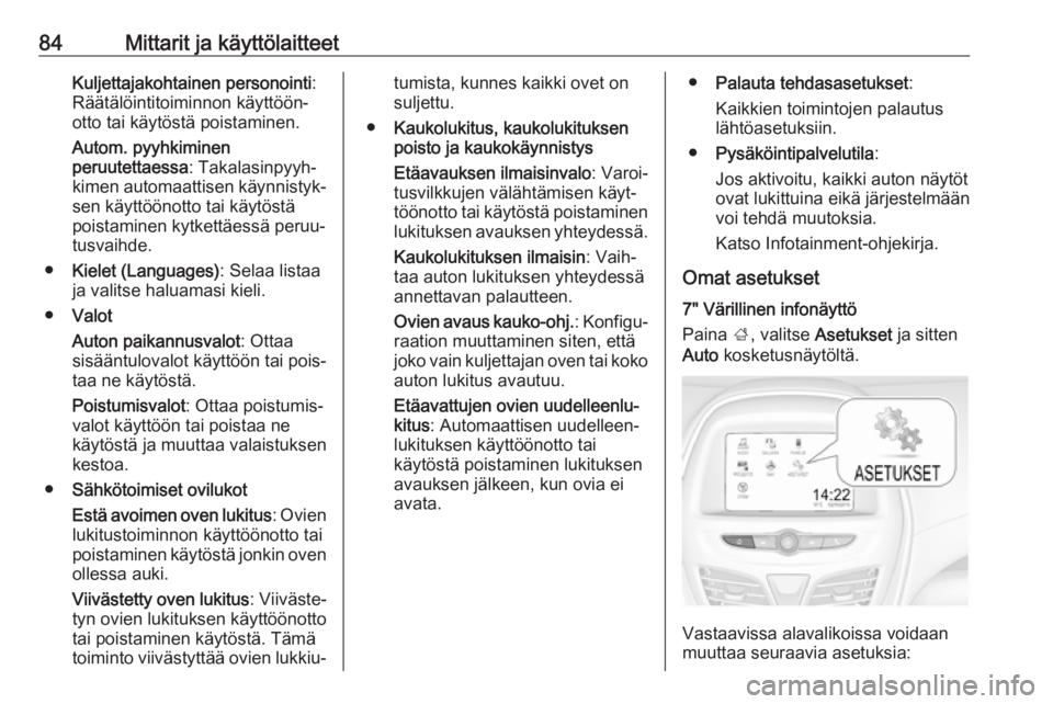 OPEL KARL 2017.5 Ohjekirja (in Finnish) 84Mittarit ja käyttölaitteetKuljettajakohtainen personointi:
Räätälöintitoiminnon käyttöön‐
otto tai käytöstä poistaminen.
Autom. pyyhkiminen
peruutettaessa : Takalasinpyyh‐
kimen auto OPEL KARL 2017.5 Ohjekirja (in Finnish) 84Mittarit ja käyttölaitteetKuljettajakohtainen personointi:
Räätälöintitoiminnon käyttöön‐
otto tai käytöstä poistaminen.
Autom. pyyhkiminen
peruutettaessa : Takalasinpyyh‐
kimen auto
