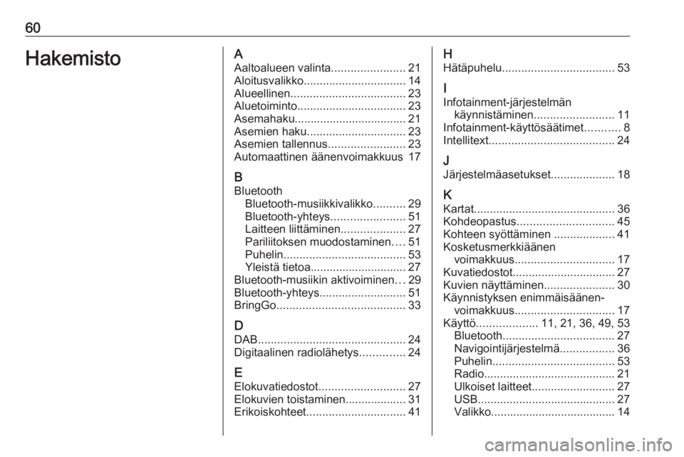 OPEL KARL 2019 Infotainment-ohjekirja (in Finnish) 60HakemistoAAaltoalueen valinta .......................21
Aloitusvalikko ................................ 14
Alueellinen .................................... 23
Aluetoiminto .......................... OPEL KARL 2019 Infotainment-ohjekirja (in Finnish) 60HakemistoAAaltoalueen valinta .......................21
Aloitusvalikko ................................ 14
Alueellinen .................................... 23
Aluetoiminto ..........................