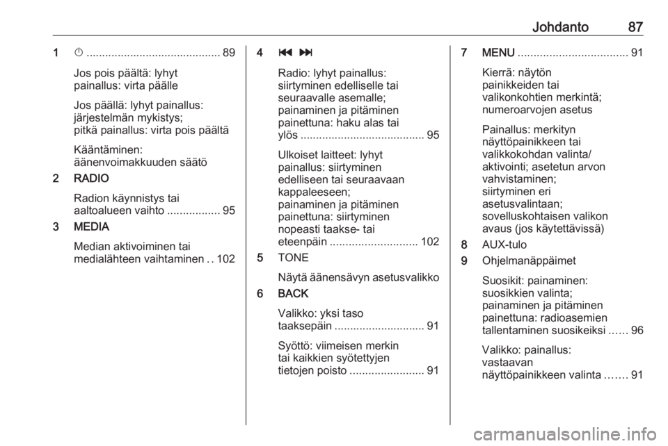 OPEL KARL 2019 Infotainment-ohjekirja (in Finnish) Johdanto871X........................................... 89
Jos pois päältä: lyhyt
painallus: virta päälle
Jos päällä: lyhyt painallus:
järjestelmän mykistys;
pitkä painallus: virta pois pä OPEL KARL 2019 Infotainment-ohjekirja (in Finnish) Johdanto871X........................................... 89
Jos pois päältä: lyhyt
painallus: virta päälle
Jos päällä: lyhyt painallus:
järjestelmän mykistys;
pitkä painallus: virta pois pä