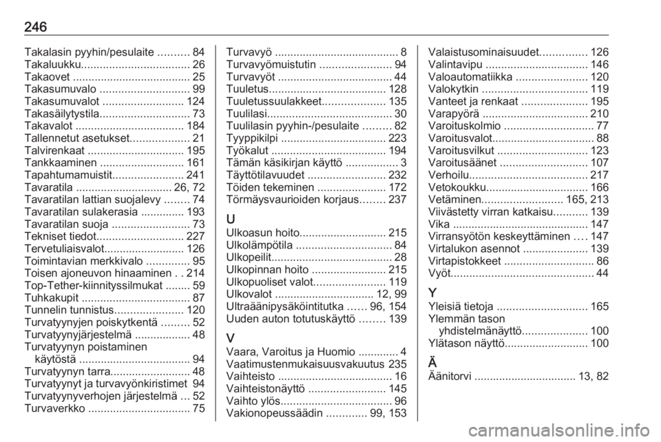 OPEL MERIVA 2016.5  Ohjekirja (in Finnish) 246Takalasin pyyhin/pesulaite ..........84
Takaluukku ................................... 26
Takaovet  ...................................... 25
Takasumuvalo  ............................. 99
Takasumu