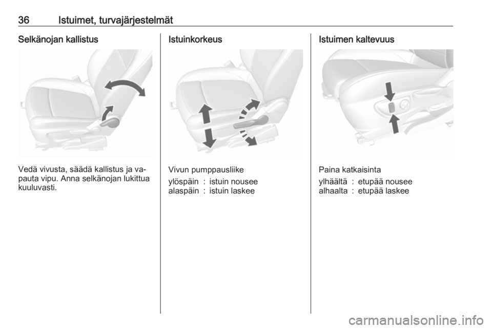 OPEL MOKKA 2016.5  Ohjekirja (in Finnish) 36Istuimet, turvajärjestelmätSelkänojan kallistus
Vedä vivusta, säädä kallistus ja va‐
pauta vipu. Anna selkänojan lukittua
kuuluvasti.
Istuinkorkeus
Vivun pumppausliike
ylöspäin:istuin no