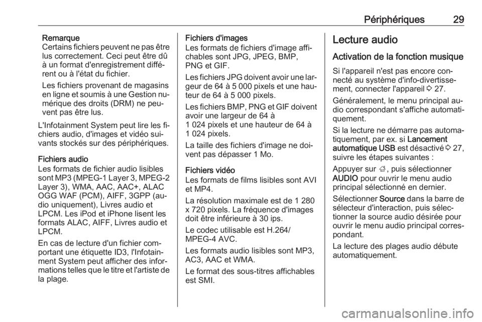 OPEL ADAM 2016.5 Manuel multimédia (in French) Périphériques29Remarque
Certains fichiers peuvent ne pas être
lus correctement. Ceci peut être dû
à un format d'enregistrement diffé‐
rent ou à l'état du fichier.
Les fichiers prove OPEL ADAM 2016.5 Manuel multimédia (in French) Périphériques29Remarque
Certains fichiers peuvent ne pas être
lus correctement. Ceci peut être dû
à un format d'enregistrement diffé‐
rent ou à l'état du fichier.
Les fichiers prove