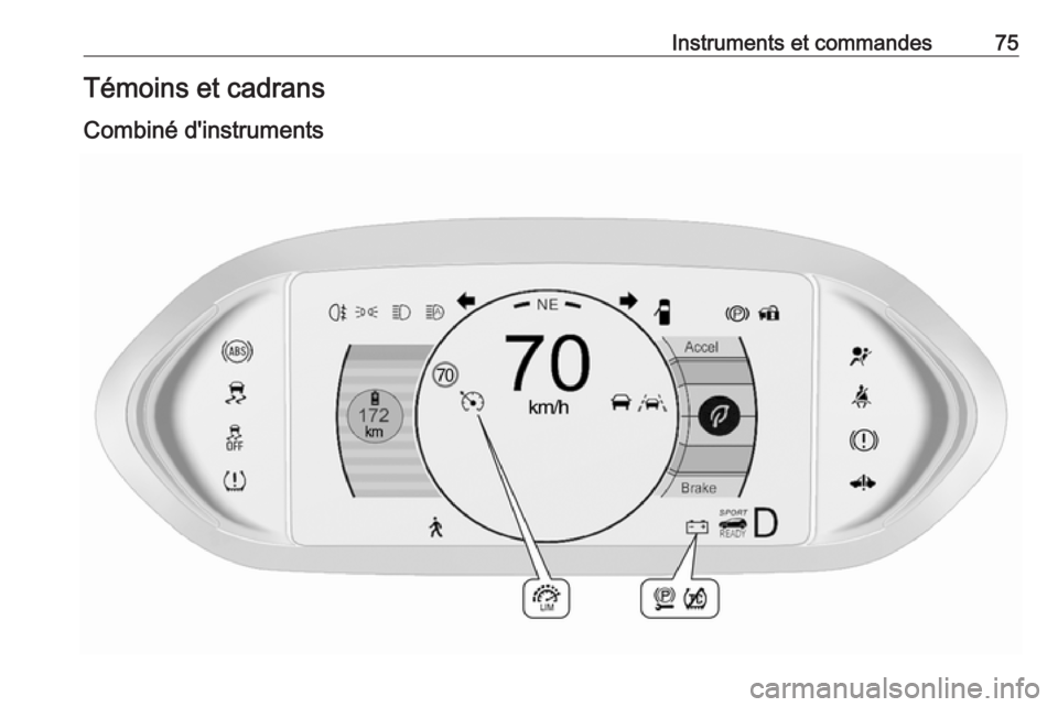 OPEL AMPERA E 2019  Manuel dutilisation (in French) Instruments et commandes75Témoins et cadrans
Combiné d'instruments 
