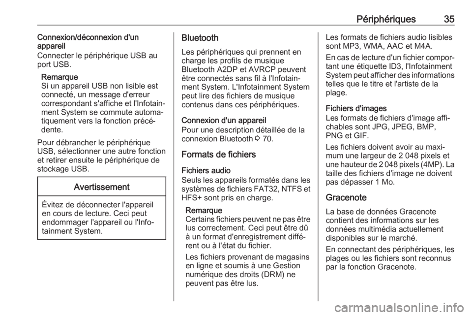 OPEL ASTRA J 2018  Manuel multimédia (in French) Périphériques35Connexion/déconnexion d'un
appareil
Connecter le périphérique USB au port USB.
Remarque
Si un appareil USB non lisible est
connecté, un message d'erreur
correspondant s