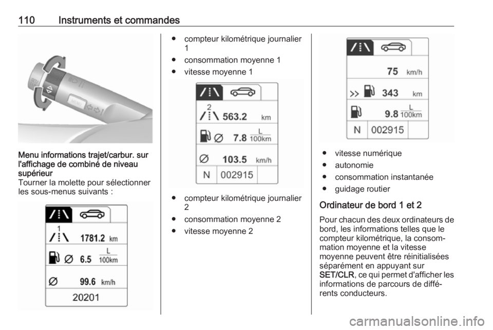 OPEL ASTRA J 2018  Manuel dutilisation (in French) 110Instruments et commandesMenu informations trajet/carbur. sur
l'affichage de combiné de niveau
supérieur
Tourner la molette pour sélectionner
les sous-menus suivants :● compteur kilométriq