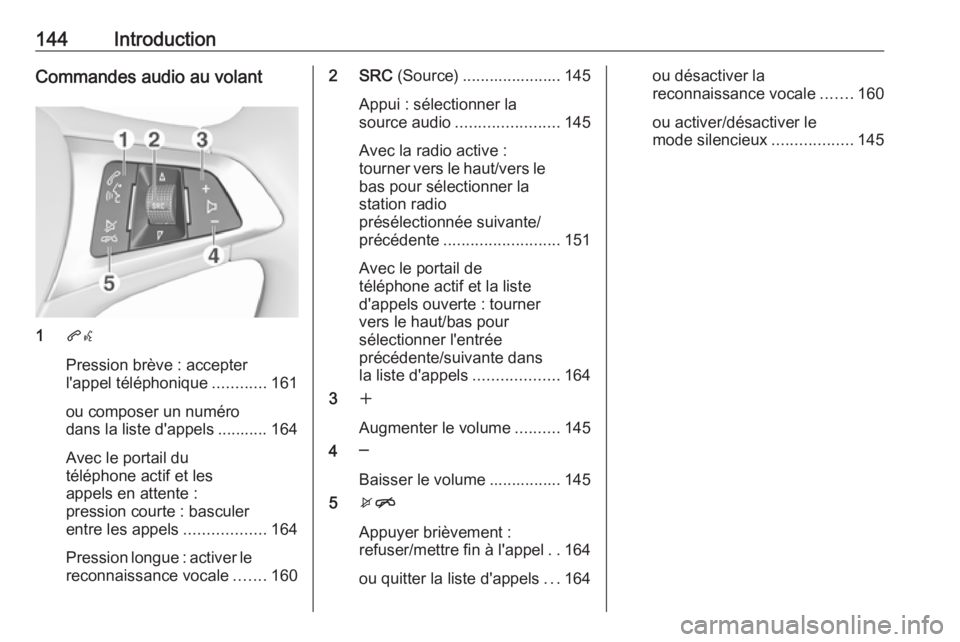 OPEL ASTRA K 2016  Manuel multimédia (in French) 144IntroductionCommandes audio au volant
1qw
Pression brève : accepter
l'appel téléphonique ............161
ou composer un numéro
dans la liste d'appels ........... 164
Avec le portail du
