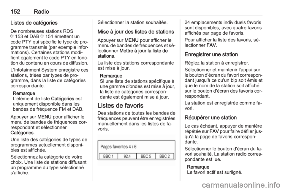 OPEL ASTRA K 2016  Manuel multimédia (in French) 152RadioListes de catégoriesDe nombreuses stations RDS
3  153 et DAB  3 154 émettent un
code PTY qui spécifie le type de pro‐
gramme transmis (par exemple infor‐
mations). Certaines stations mo