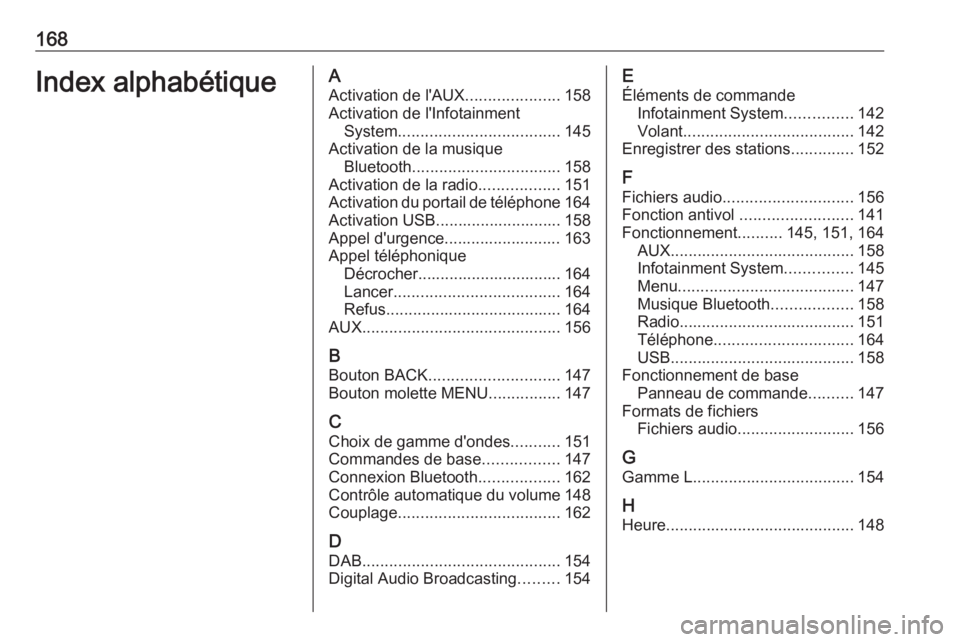 OPEL ASTRA K 2016  Manuel multimédia (in French) 168Index alphabétiqueAActivation de l'AUX .....................158
Activation de l'Infotainment System .................................... 145
Activation de la musique Bluetooth ............