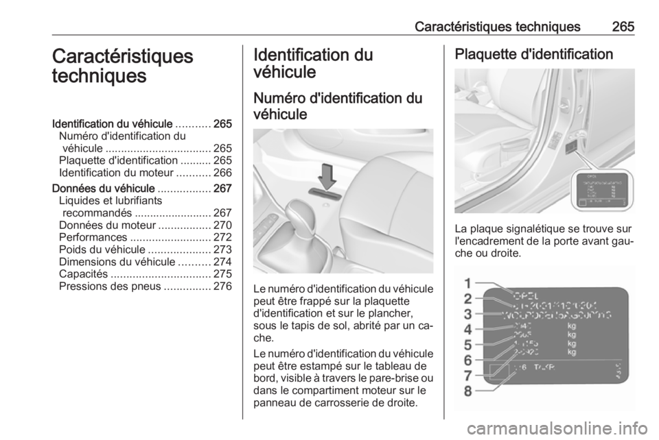OPEL ASTRA K 2016  Manuel dutilisation (in French) Caractéristiques techniques265Caractéristiques
techniquesIdentification du véhicule ...........265
Numéro d'identification du véhicule .................................. 265
Plaquette d'i