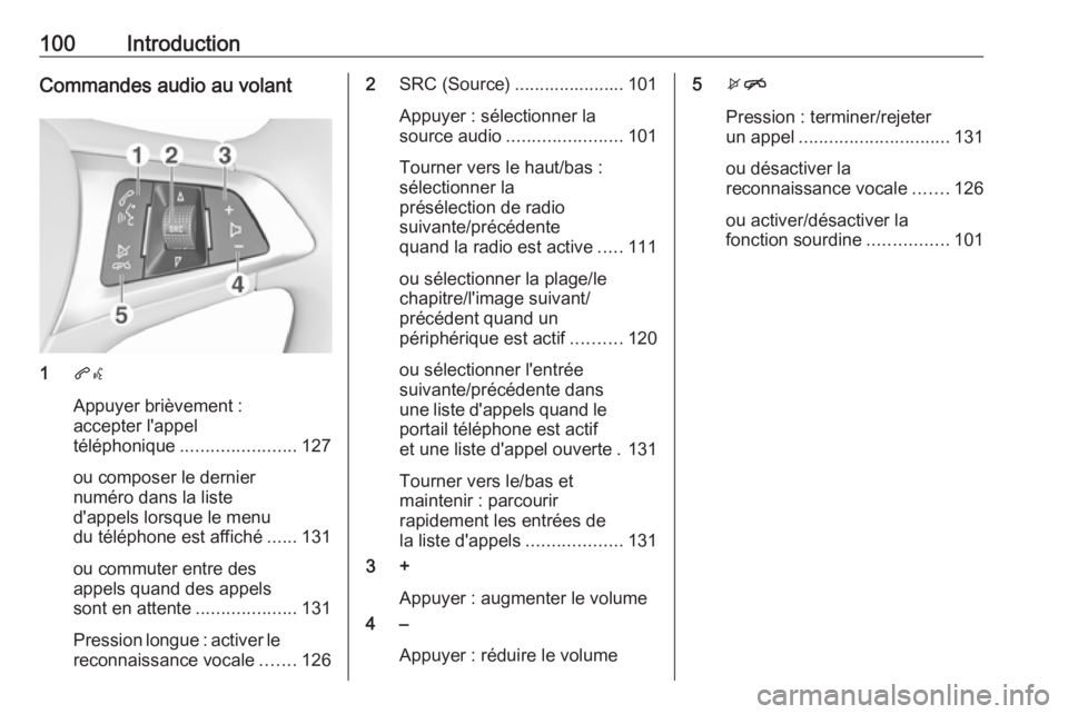 OPEL ASTRA K 2016.5  Manuel multimédia (in French) 100IntroductionCommandes audio au volant
1qw
Appuyer brièvement :
accepter l'appel
téléphonique ....................... 127
ou composer le dernier
numéro dans la liste
d'appels lorsque le 