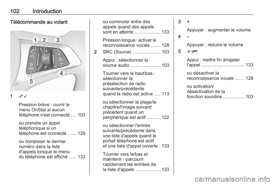 OPEL ASTRA K 2017.5  Manuel multimédia (in French) 102IntroductionTélécommande au volant
1qw
Pression brève : ouvrir le
menu OnStar si aucun
téléphone n'est connecté ....103
ou prendre un appel
téléphonique si un
téléphone est connecté 