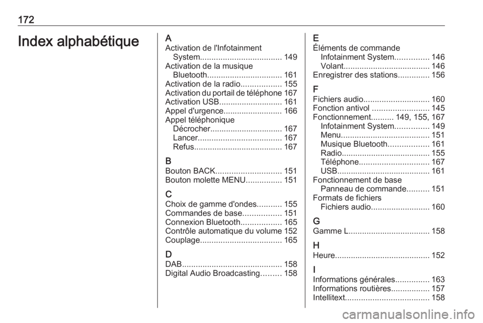 OPEL ASTRA K 2017.5  Manuel multimédia (in French) 172Index alphabétiqueAActivation de l'Infotainment System .................................... 149
Activation de la musique Bluetooth ................................. 161
Activation de la radio 