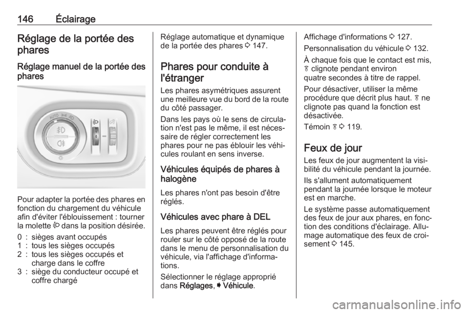OPEL ASTRA K 2018 Manuel dutilisation (in French) 146ÉclairageRéglage de la portée desphares
Réglage manuel de la portée des
phares
Pour adapter la portée des phares en fonction du chargement du véhicule
afin d'éviter l'éblouissemen OPEL ASTRA K 2018 Manuel dutilisation (in French) 146ÉclairageRéglage de la portée desphares
Réglage manuel de la portée des
phares
Pour adapter la portée des phares en fonction du chargement du véhicule
afin d'éviter l'éblouissemen
