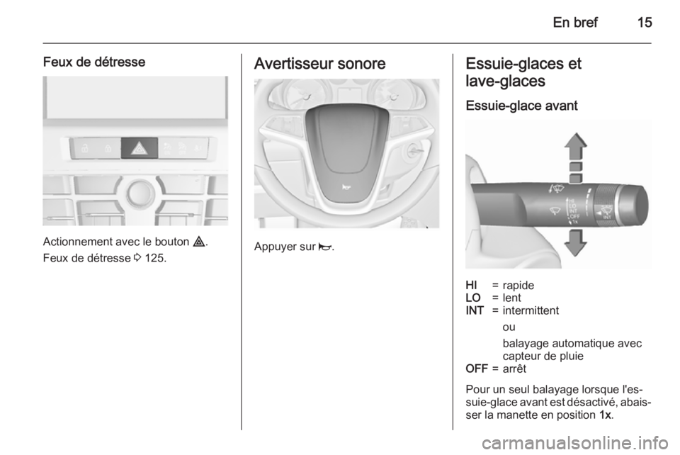 OPEL CASCADA 2015.5  Manuel dutilisation (in French) En bref15
Feux de détresse
Actionnement avec le bouton ¨.
Feux de détresse  3 125.
Avertisseur sonore
Appuyer sur  j.
Essuie-glaces et
lave-glaces 
Essuie-glace avantHI=rapideLO=lentINT=intermitten