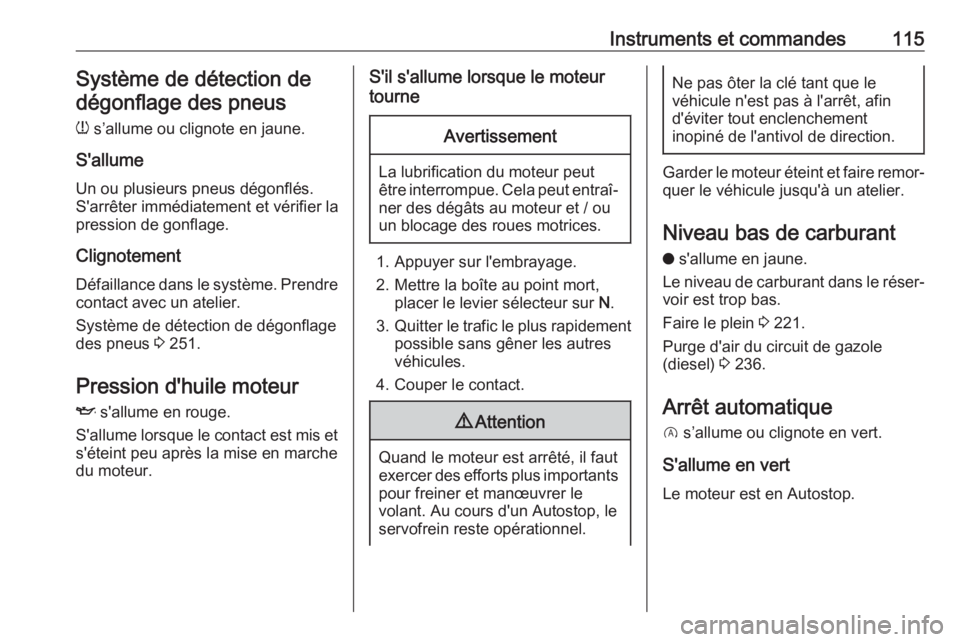 OPEL COMBO E 2019.1 Manuel dutilisation (in French) Instruments et commandes115Système de détection dedégonflage des pneus
w s’allume ou clignote en jaune.
S'allume
Un ou plusieurs pneus dégonflés.
S'arrêter immédiatement et vérifier OPEL COMBO E 2019.1 Manuel dutilisation (in French) Instruments et commandes115Système de détection dedégonflage des pneus
w s’allume ou clignote en jaune.
S'allume
Un ou plusieurs pneus dégonflés.
S'arrêter immédiatement et vérifier