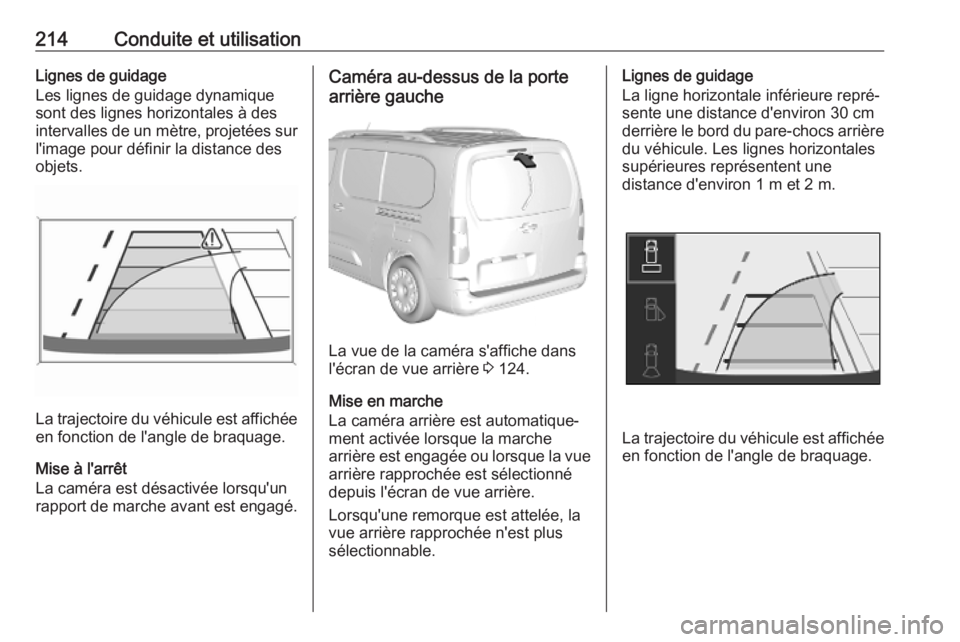 OPEL COMBO E 2019.1  Manuel dutilisation (in French) 214Conduite et utilisationLignes de guidage
Les lignes de guidage dynamique
sont des lignes horizontales à des
intervalles de  un mètre, projetées sur
l'image pour définir la distance des
obje