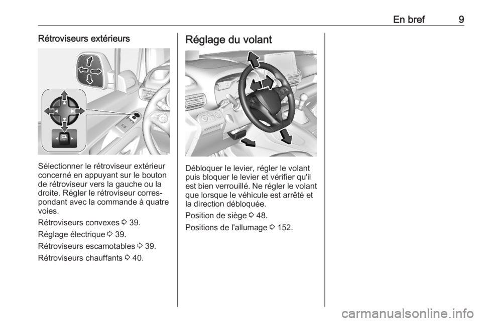 OPEL COMBO E 2020  Manuel dutilisation (in French) En bref9Rétroviseurs extérieurs
Sélectionner le rétroviseur extérieur
concerné en appuyant sur le bouton
de rétroviseur vers la gauche ou la
droite. Régler le rétroviseur corres‐
pondant av