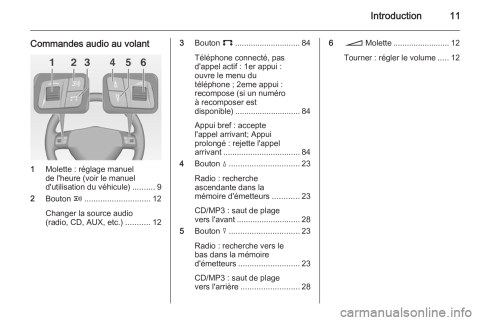OPEL CORSA 2014.5 Manuel dutilisation (in French) Introduction11
Commandes audio au volant
1Molette : réglage manuel
de l'heure (voir le manuel
d'utilisation du véhicule) ..........9
2 Bouton q............................. 12
Changer la so OPEL CORSA 2014.5 Manuel dutilisation (in French) Introduction11
Commandes audio au volant
1Molette : réglage manuel
de l'heure (voir le manuel
d'utilisation du véhicule) ..........9
2 Bouton q............................. 12
Changer la so