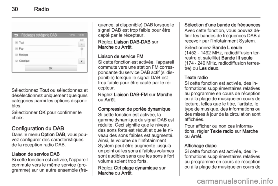 OPEL CORSA 2015  Manuel multimédia (in French) 30Radio
Sélectionnez Tout ou sélectionnez et
désélectionnez uniquement quelques
catégories parmi les options disponi‐
bles.
Sélectionner  OK pour confirmer le
choix.
Configuration du DAB Dans 