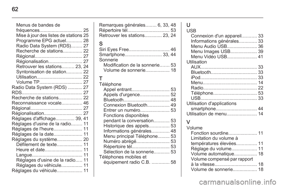 OPEL CORSA 2015  Manuel multimédia (in French) 62
Menus de bandes defréquences ................................ 25
Mise à jour des listes de stations 25
Programme EPG actuel ............28
Radio Data System (RDS) ........27
Recherche de stations