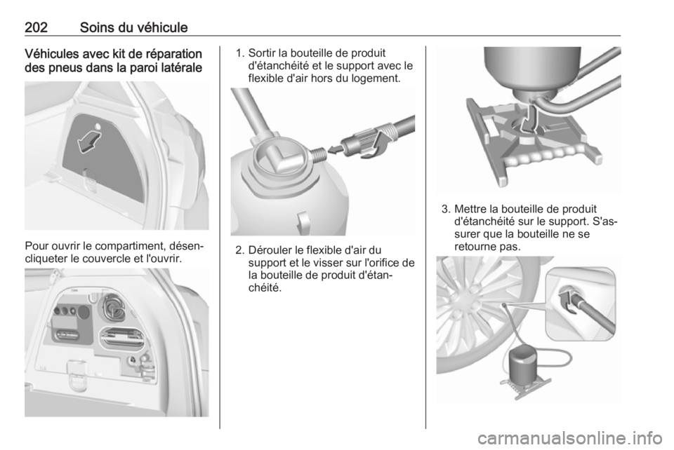 OPEL CORSA E 2019  Manuel dutilisation (in French) 202Soins du véhiculeVéhicules avec kit de réparation
des pneus dans la paroi latérale
Pour ouvrir le compartiment, désen‐
cliqueter le couvercle et l'ouvrir.
1. Sortir la bouteille de produ